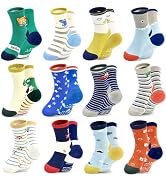 HYCLES Non-Slip Baby Socks With Grips 12 Pairs Anti Slip Cartoon Sticky Toddler Socks For 6-12 Mo...