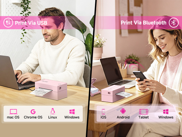 thermal printer supporting Bluetooth for iPhone, Android; USB for Mac, Windows, Linux, ChromeOS