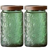 ANSQU Set of 2 Vintage Glass Storage Containers, Green Glass Jars with Solid Wood Lids, 34 FL OZ ...