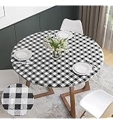 Velway Vinyl Fitted Tablecloth with Elastic Edge-Waterproof Round Table Cover with Flannel Backin...