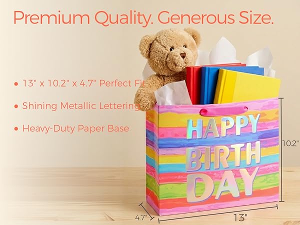 SUNCOLOR Large Happy Birthday Gift Bag with Tissue Paper & Card, 13 x 10.2 x 4.7 Inches