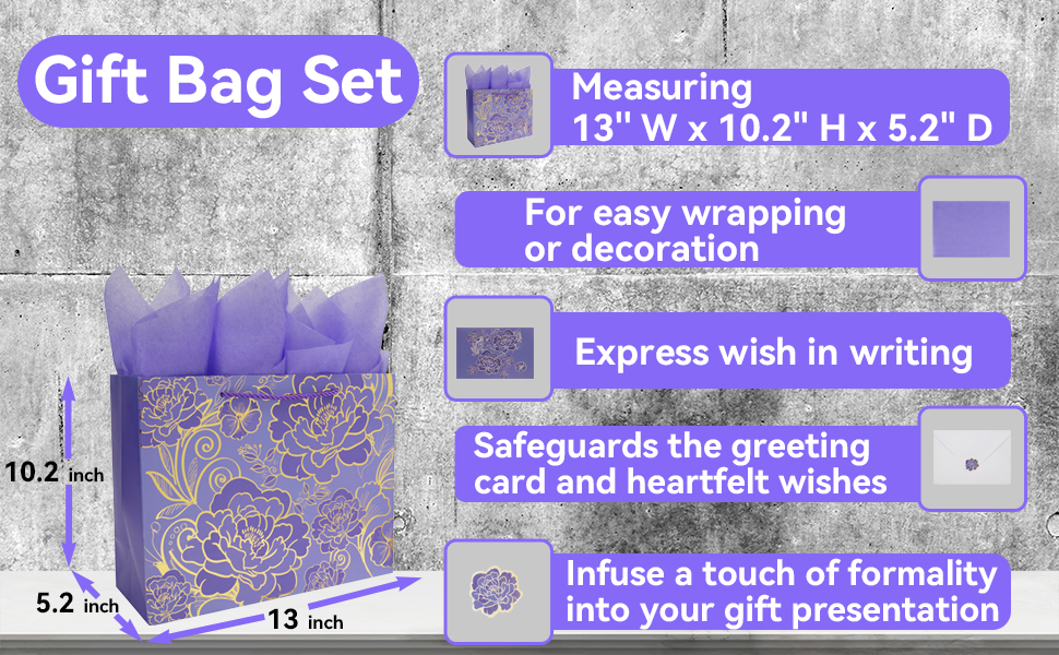 13‘’ Large Rose Purple Foil Traced Flowers Gift Bag Set