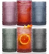 GGOLDMER Colored Hobnail Drinking Glasses Set of 6, 12oz Vintage Kitchen Glassware, Embossed Desi...