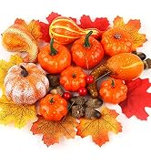 CCINEE Artificial Mini Pumpkins, Faux Foam Pumpkins with Lifelike Maple Leaves Acorns and Red Ber...
