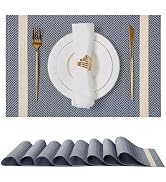 Leetaltree Dark Blue Vinyl Woven Placemats Set of 8 - Washable Dining Table Place Mats Striped, S...