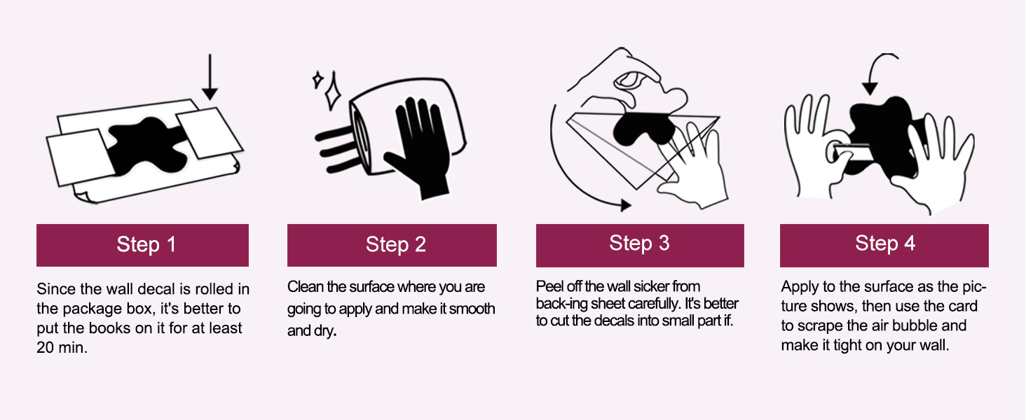 Four-step instructional diagram for applying a product. Shows hands placing, rubbing, peeling, and pressing a rectangular object.