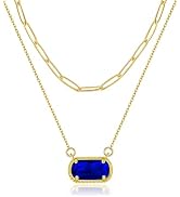 Lourny Gemstone Birthstone Pendant Layered Necklace for Women Trendy, 18K Gold Plated Paperclip C...