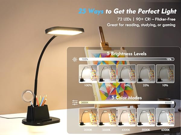 Desk Lamps for Home Office with Pen Holder USB Charging Ports Reading Light LED Table Lamp
