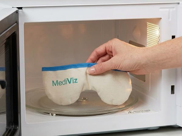 Woman placing mask insert into microwave