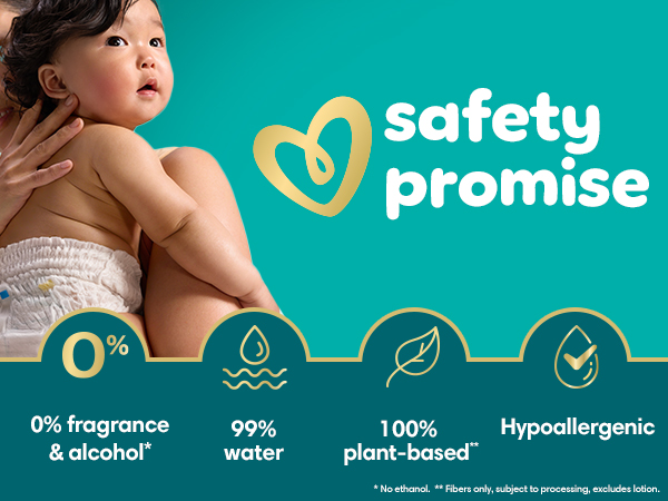 Pampers safety promise. 0% fragrance and alcohol* 99% water, 100% plant-based**, Hypoallegenic