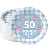 Vyntra Light Blue Gingham 7 Inch Round Paper Plates, 50 Count Heavy Duty Microwave Safe Disposabl...