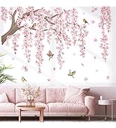 decalmile Large Pink Flower Tree Branch Wall Decals Cherry Blossom Tree Floral Birds Wall Sticker...