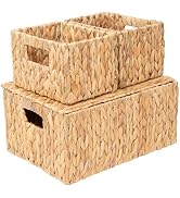 QINGTUHOME Water Hyacinth Storage Baskets with Handles Set of 3 , Handmade Natural Woven basket w...