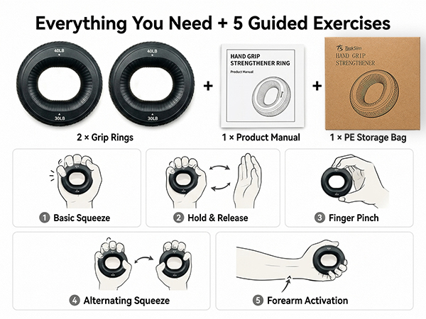 Two grip rings beside a manual and a kraft box,with five line drawings of hand exercises
