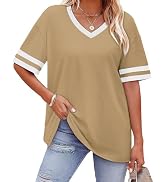 WIHOLL Womens T Shirts Loose Fit Short Sleeve Tees V Neck Color Block Summer Tops 2026 Fashion S-3XL