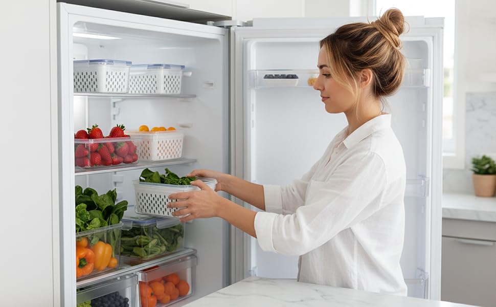 Fruit Storage Containers for Fridge with Removable Colanders