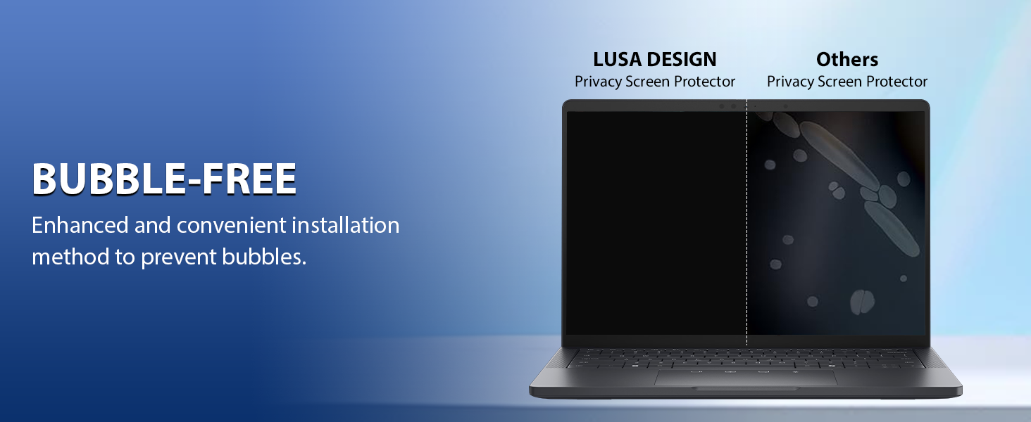 Text reads 'BUBBLE-FREE' and 'LIGA DESIGN'. Product installation guide showing method to prevent bubbles during application process.