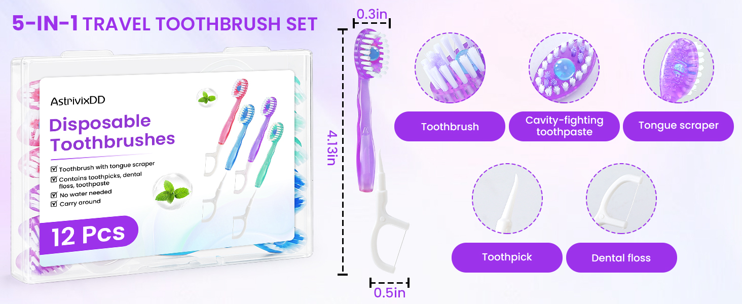 5-in-1 Mini Toothbrush Disposable with Toothpaste Floss Tongue Scraper Toothpick