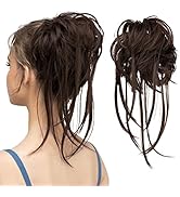 CJL HAIR Messy Bun Hair Piece Curly Hair Bun Extensions with Straight Tails Hair Scrunchies Ponyt...