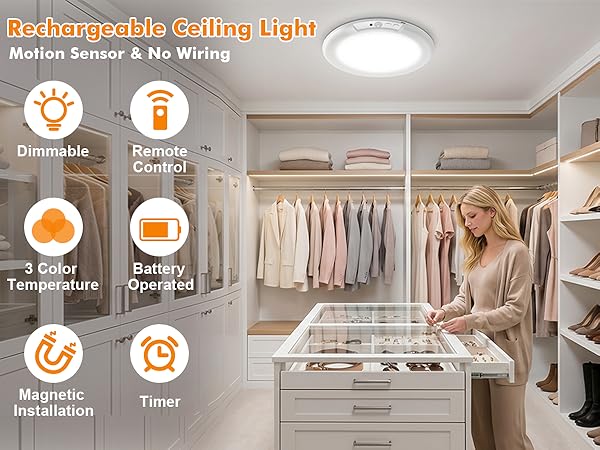 Rechargeable Ceiling Light, Magnetic Motion Sensor Ceiling Lights Wireless Battery Operated