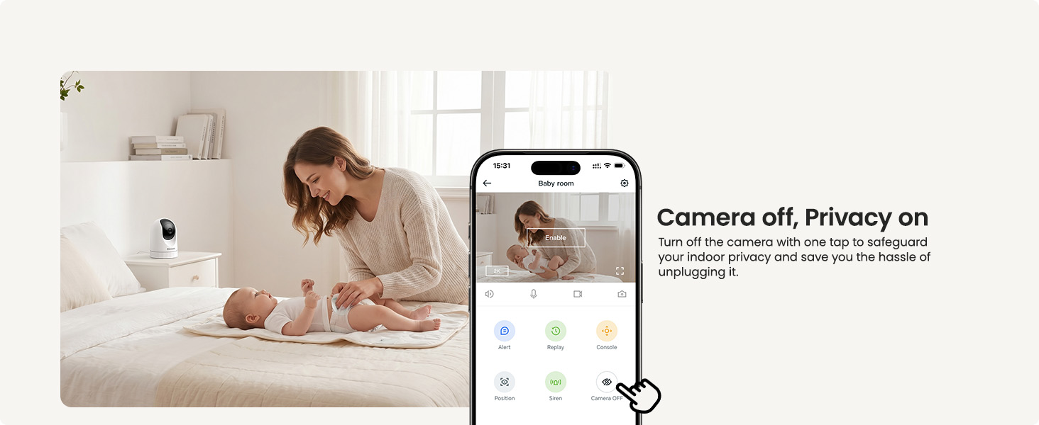 Turn off the indoor camera with one tap button to protect your privacy easily