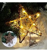 LAWOHO Christmas Tree Topper Star, 10-inch Rustic Brown Rattan Natural with 10 Warm White Lights ...