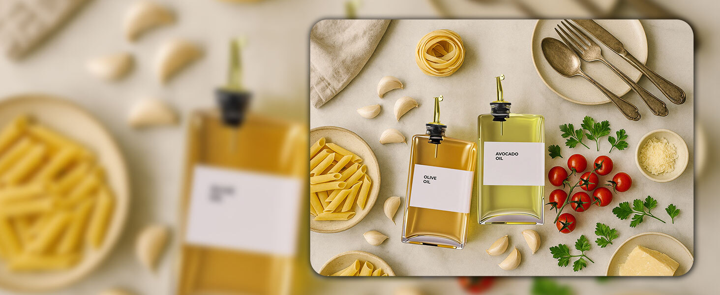 Glass olive oil dispensers surrounded by pasta, garlic, tomatoes, and herbs on a kitchen counter