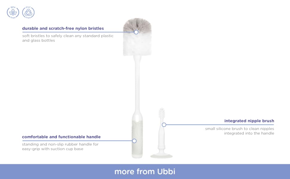 a list of features of the Ubbi baby bottle brush