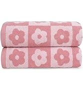 Jacquotha 2-Pieces Luxury Bath Towels Checkered Floral, Pink Shower Towel for Women Girls 27.5x55...
