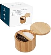 KITCHENDAO Bamboo Salt and Pepper Bowl Box Cellar, Built-in Spoon, Two Compartments Spice Seasoni...