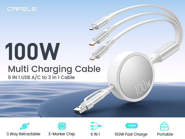 CAFELE 6-in-1 100W USB C Multi Charging Cable Retractable