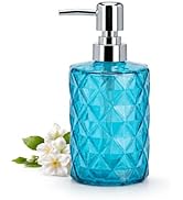 LGURT 12 Oz Clear Blue Glass Soap Dispenser with Stainless Steel Pump, Refillable Hand Soap for B...