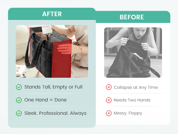 Structured tote stands tall empty or full, unlike floppy bags that collapse and need two hands
