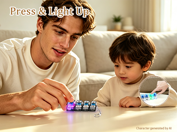 A hand pressing a mini keyboard fidget toy with illuminated colorful keys.