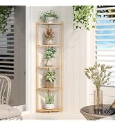 Wisuce Corner Shelf Stand - 5 Tier Natural Bamboo Small Corner Bookshelf for Office Kitchen Bedro...