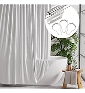 AmazerBath White Shower Curtain with Hooks, Fabric Shower Curtain Set for Bathroom, Luxury Silk E...