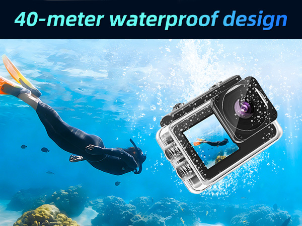 Text reads '40-meter waterproof design'. Underwater photography sequence showing waterproof device being used in blue ocean water environments.