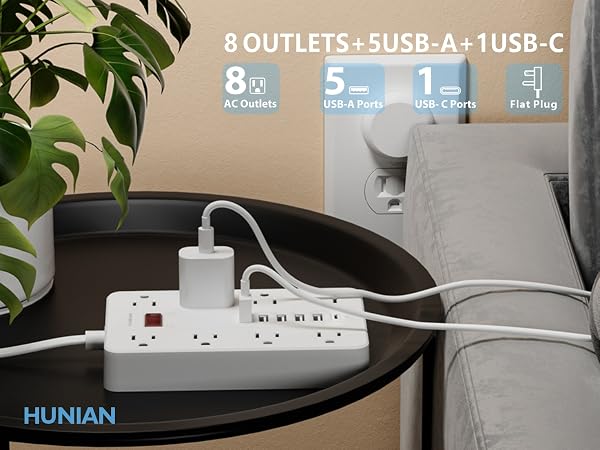 Flat Plug Power Strip with USB Ports