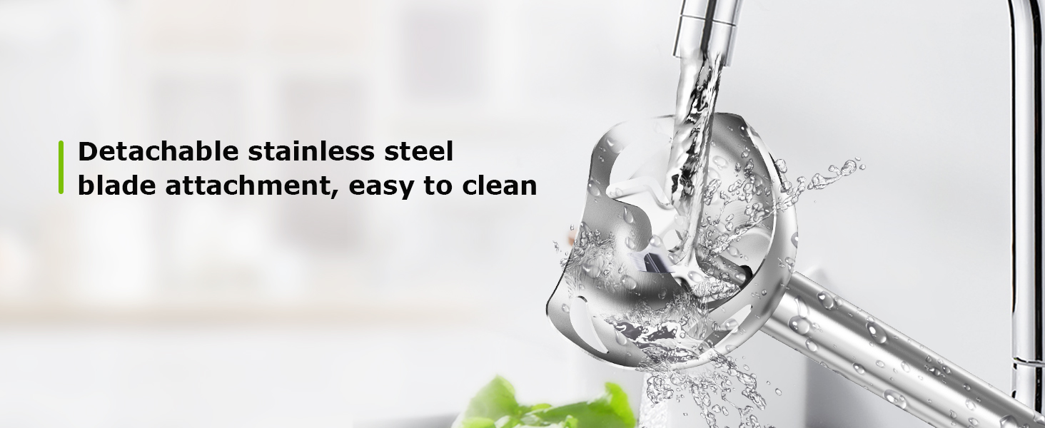 Stainless steel blade attachment being rinsed under running water, demonstrating detachable and washable design.