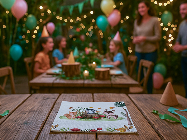 Women enjoying brunch bites with folded blue and white napkins for decoupage.