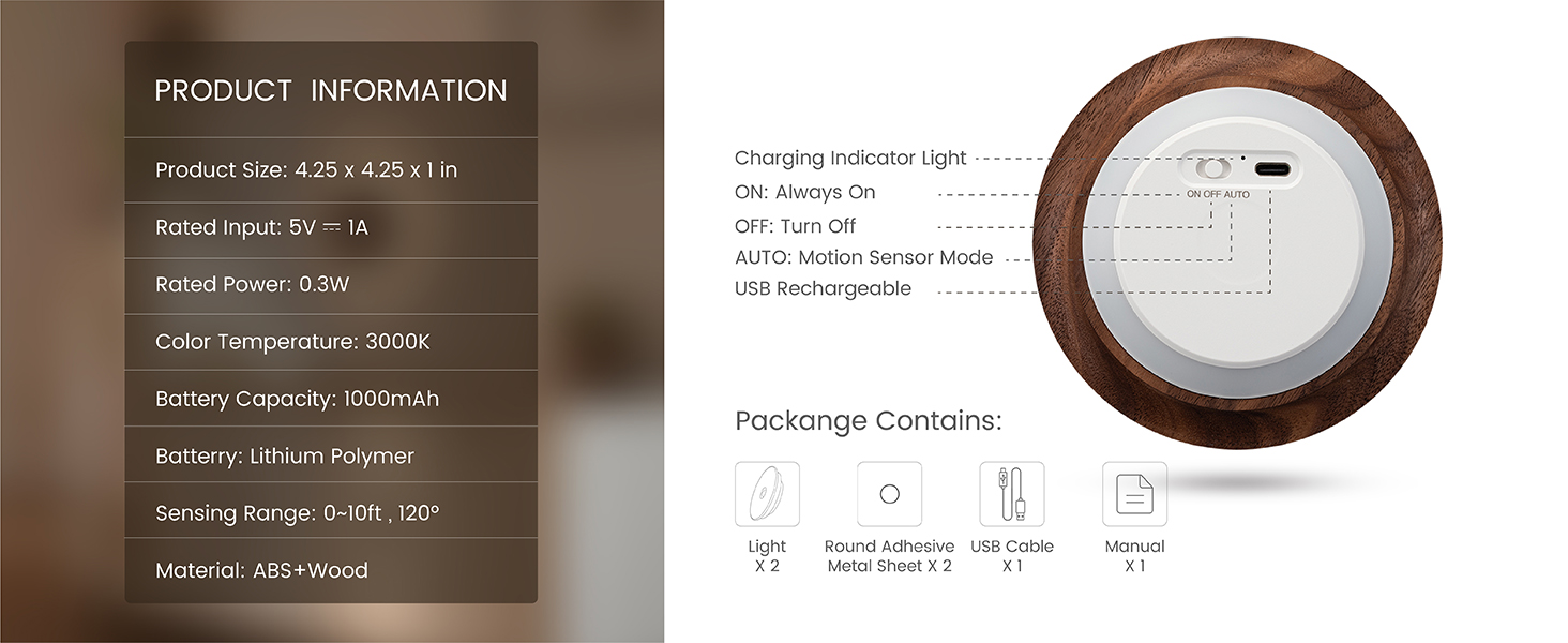 USB port, 1000mAh battery, 3000K warm LED