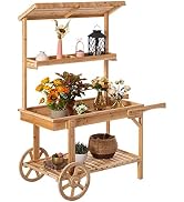 Antique Solid Wood Decor Display Rack Cart Wood Plant Stands with Wheels for Decor Display | 2 Wh...