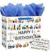 Yusenguan 13‘’ Construction Birthday Gift Bag for Baby Boys Kids with Tissue Paper and Greeting C...