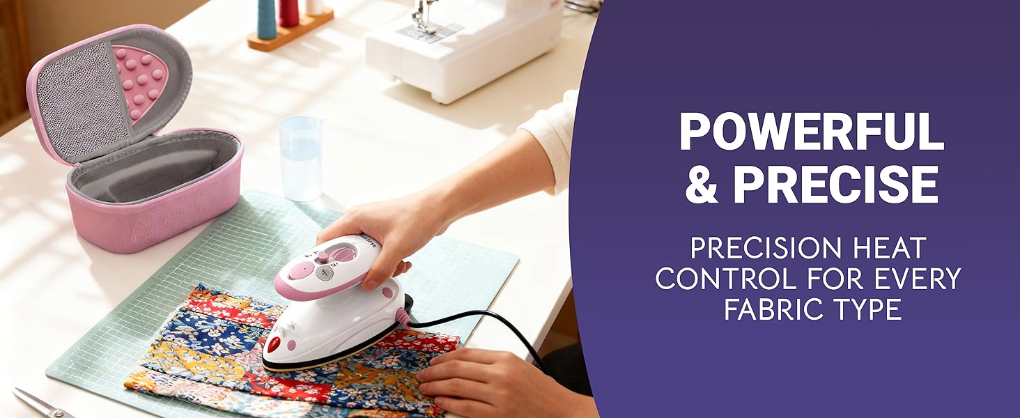Compact mini travel iron designed for pressing fabric, quilting blocks, and sewing projects