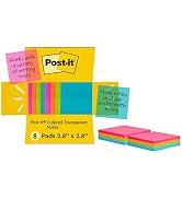 Post-it Transparent Notes, 2.8 in. x 2.8 in., Blue, Pink, Green and Orange Sticky Notes, School S...