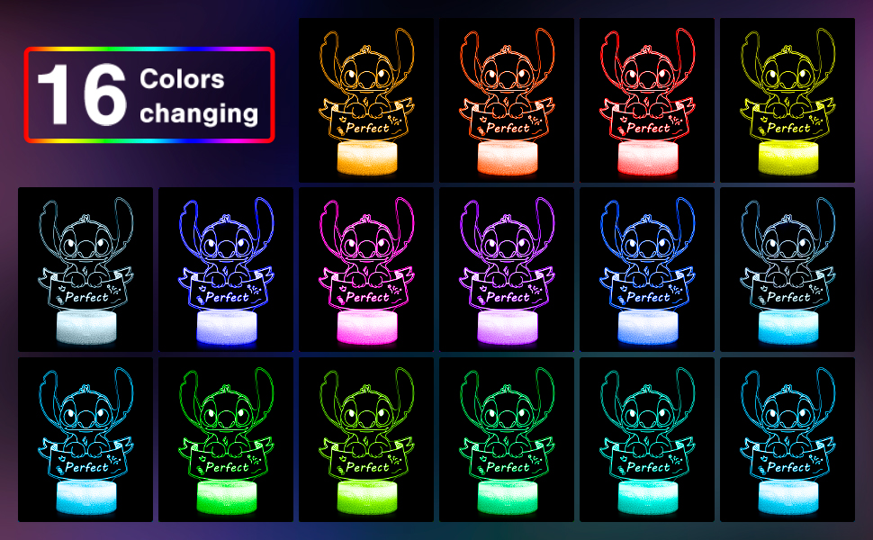 Grid of 16 illuminated night lights with animal designs, each in a different color, demonstrating color-changing capabilities.