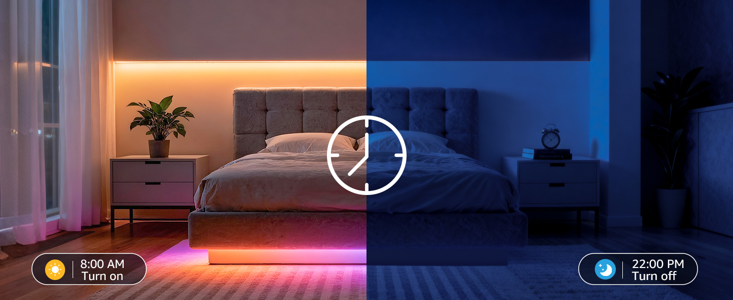 Series of interface screens showing dark mode settings with illuminated purple and blue accent lighting effects.