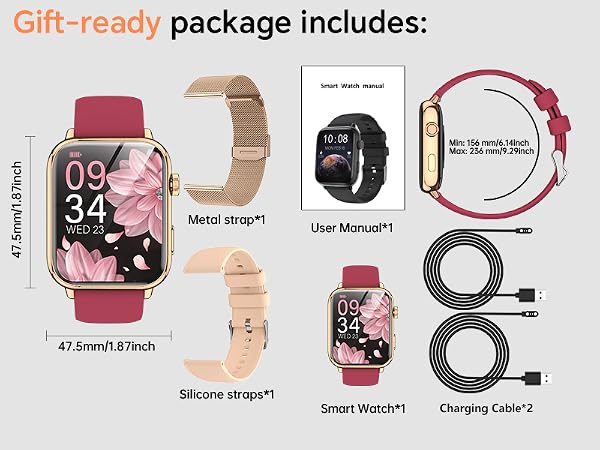 Text reads 'Gift-ready package includes:' with 47.5mm/1.87inch dimensions. Smart watch with pink floral face, metal and silicone straps, user manual, charging cable, and accessories displayed.