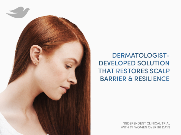 Image of a woman with healthy & thick red hair next to text about restoring scalp barrier.
