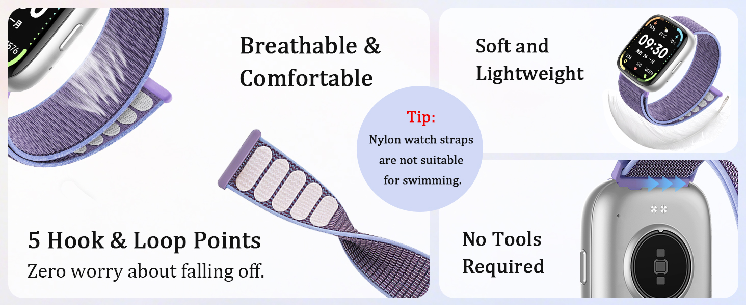 Text reads 'Breathable & Soft', 'Comfortable', 'Lightweight', '5 Hook & Loop Points', 'No Tools Required'. Product feature infographic with icons.